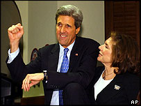 John Kerry celebrates Super Tuesday results with his wife Teresa in Washington